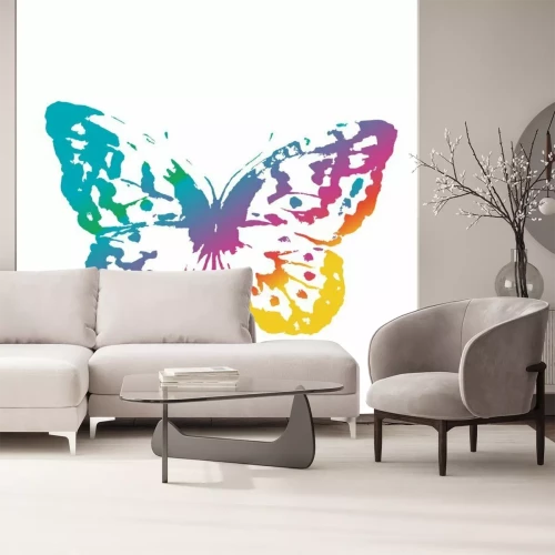 Papier peint  Papillon arc-en-ciel sur fond blanc