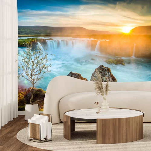 Papier peint  3D Chute d'eau et coucher de soleil