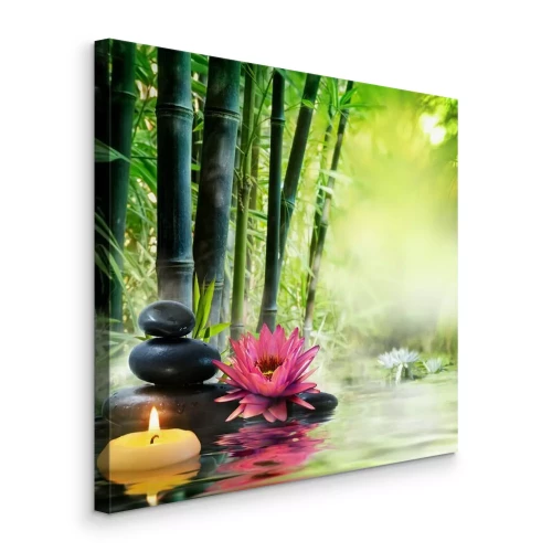 Tableau  Pierres thermales fleur de lotus et bambous en lumière verte