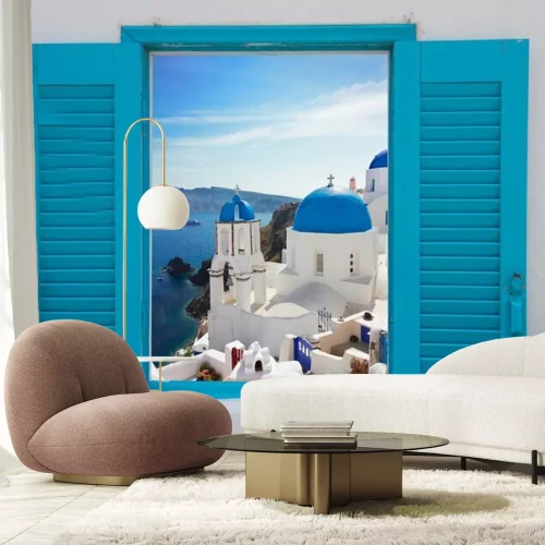 Papier peint  Fenêtre avec vue sur la caldeira et de l'église, Santorini