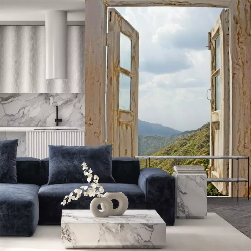 Papier peint  Vue de montagnes et ciel nuageux depuis une fenêtre