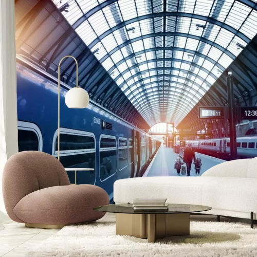 Papier peint  Quai de gare avec un train et des passagers