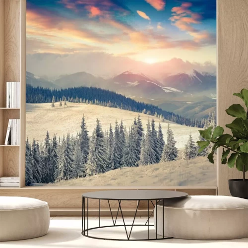 Papier peint  Montagnes d'hiver au coucher du soleil