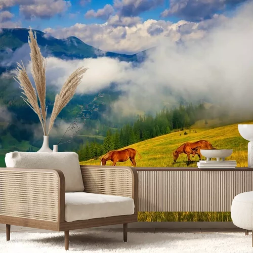 Papier peint  Chevaux dans une prairie près des montagnes