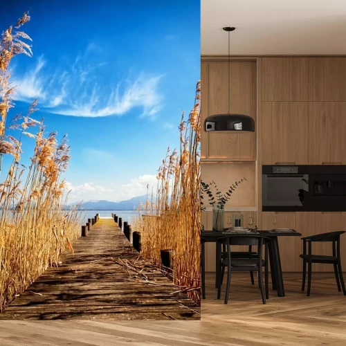 Papier peint  Pont entre de grands roseaux