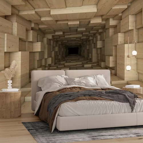 Papier peint  Tunnel 3D composé de blocs imitation bois