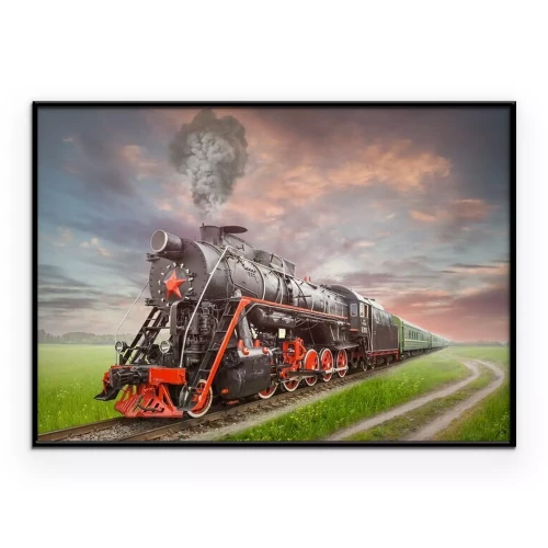 Poster  Une vieille locomotive tirant des wagons au milieu de la verdure