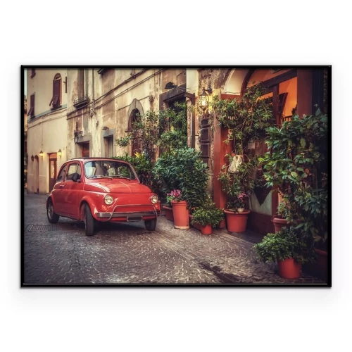 Poster  Voiture rétro rouge dans un paysage italien