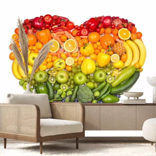 Papier peint  Coeur arc en ciel de fruits et légumes