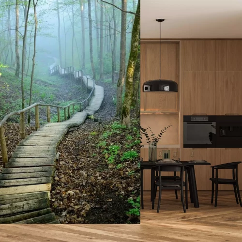 Papier peint  Escaliers dans une forêt brumeuse