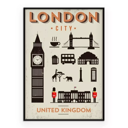 Poster  Big Ben et autres attractions londoniennes dans un style cartoon