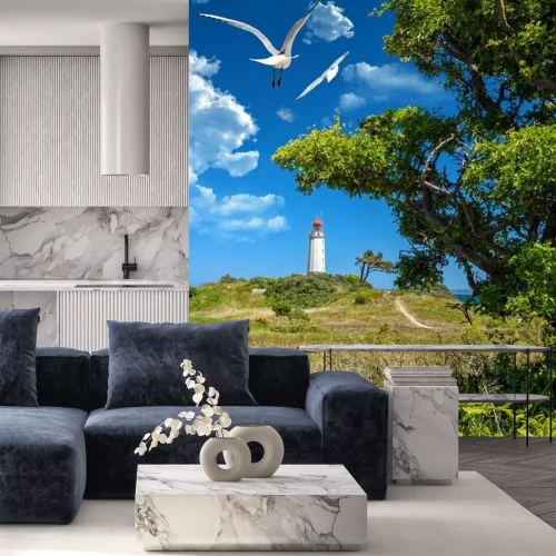 Papier peint  Phare côtier et mouettes
