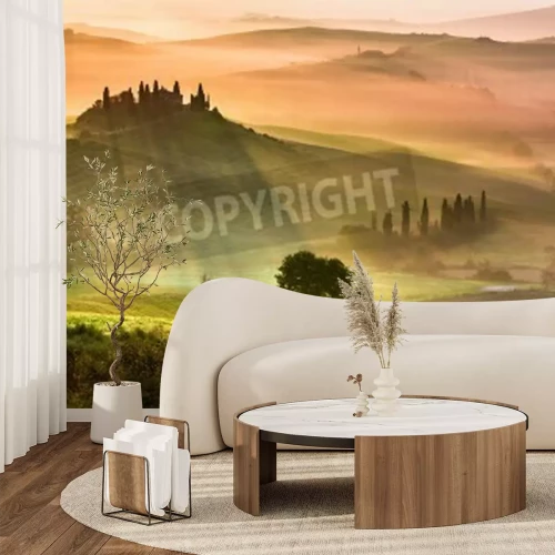Papier peint  Lever de soleil et brouillard sur la Toscane