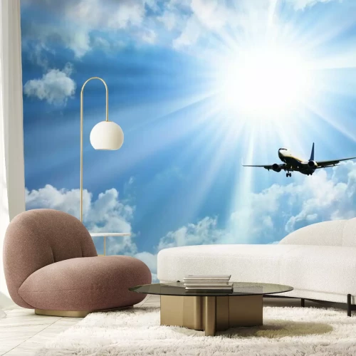 Papier peint  Un avion de ligne contre le ciel et le soleil