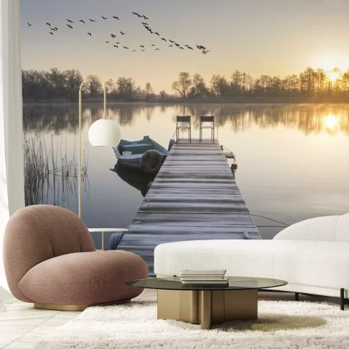 Papier peint  Paysage fluvial avec un pont