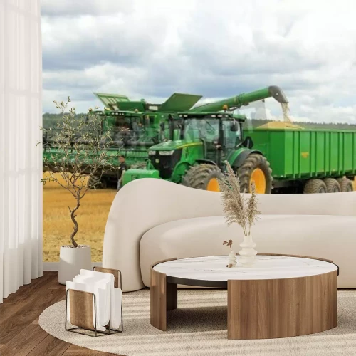 Papier peint  SALO, Finlande - 10 août moissonneuse batteuse John Deere déchargement grain sur Palmse 1900 remorque derrière Deere 7280R tracteur, au Salon annuel Puontin Peltopaivat agricole à Salo, en Finlande, l