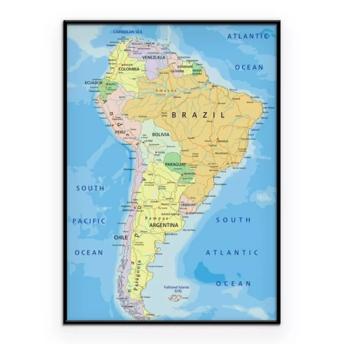 Poster  Carte détaillée de l'Amérique du Sud en anglais