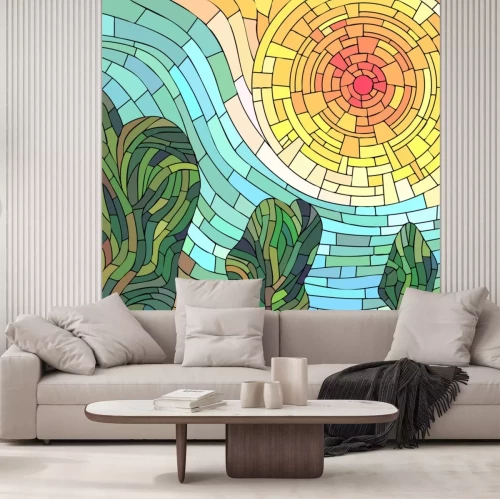 Sticker  Place mosaïque abstraite soleil rouge avec des arbres.