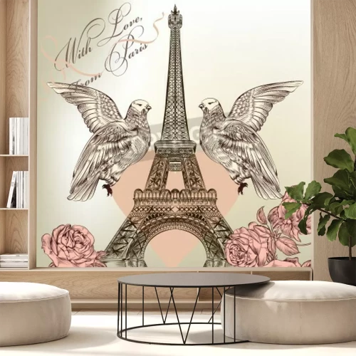 Papier peint  Image avec la Tour Eiffel les oiseaux et les roses