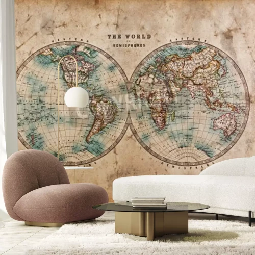 Papier peint  Une véritable vieille carte du monde teinté datant des années 1800 montrant milieu Hémisphères occidentale et orientale avec la coloration de la main.