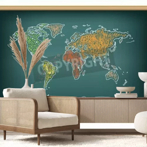 Papier peint  Dessin carte du monde par une craie sur le tableau noir de la classe