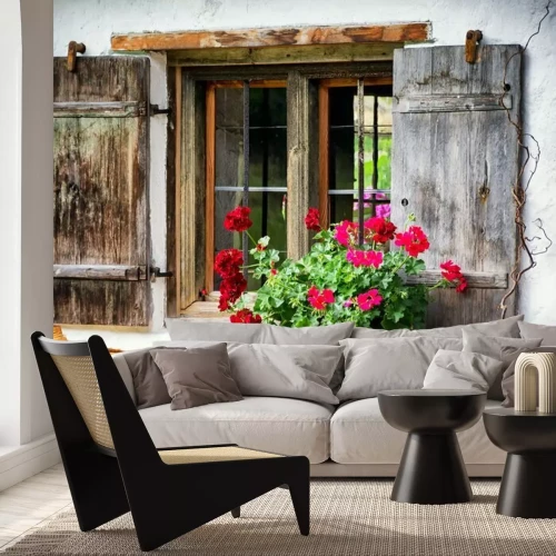 Papier peint  Fenêtre en bois avec fleurs et bois