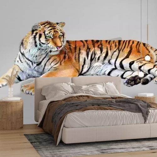 Papier peint  Tigre couché sur fond gris