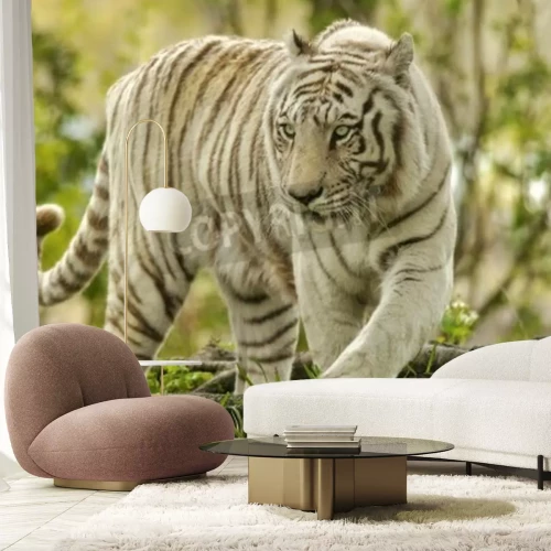 Papier peint  Tigre blanc fond végétal