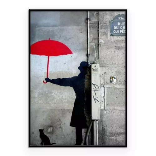 Poster  Fresque représentant un homme et un chat sous un parapluie rouge