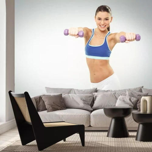 Sticker  Belle jeune femme exercice avec des haltères sur backgroun blanc