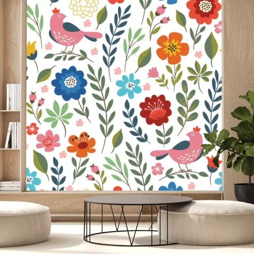 Sticker  Oiseaux et végétation dans un style folklorique