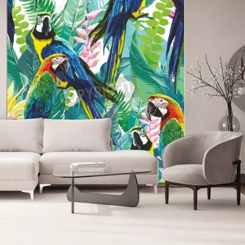 Papier peint  Perroquets colorés et nature exotique