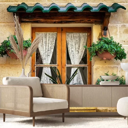 Papier peint  Vieille fenêtre fleurie et rideaux de style rustique