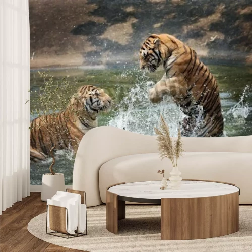 Papier peint  Tigres qui sautent dans l'eau