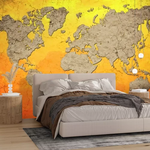 Papier peint  Carte du monde grise sur fond orange