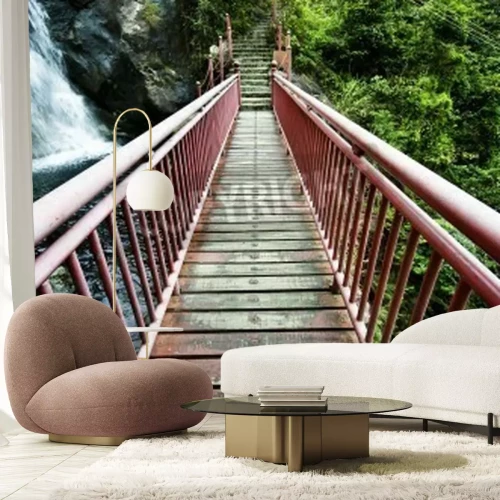 Papier peint  Pont rouge et cascade