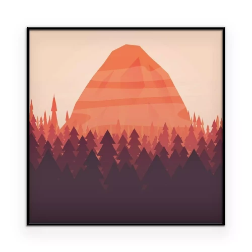 Poster  Un paysage de dessin animé représentant des montagnes et des forêts à la lumière du soleil couchant