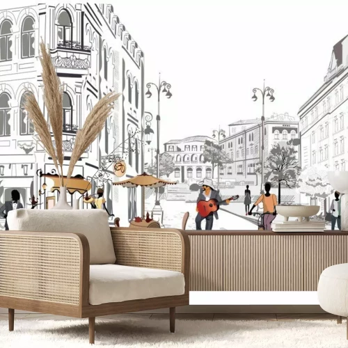 Papier peint  Une rue historique avec un café et un guitariste