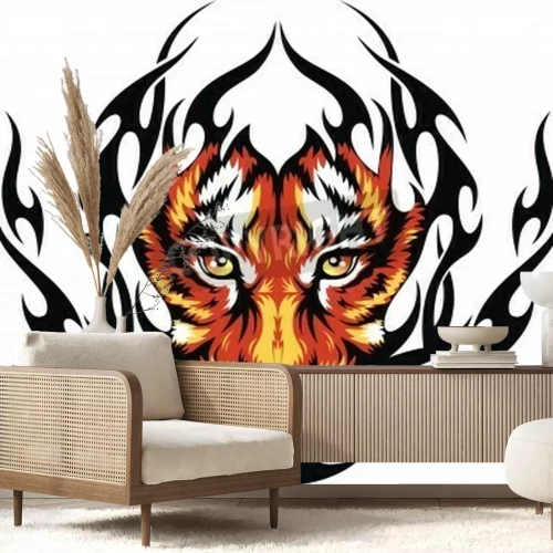 Papier peint  Tigre orange flammes noires