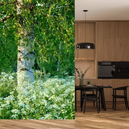 Papier peint  Bouleau et fleurs des champs