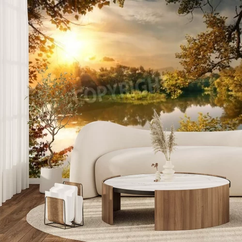 Papier peint  Lever de soleil et un cygne dans un étang