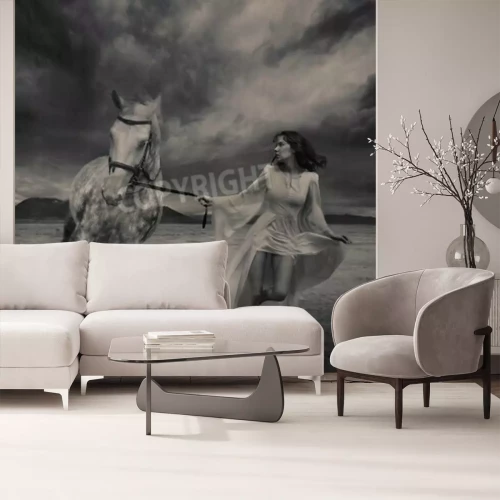 Papier peint  Femme et cheval sur fond de nuages