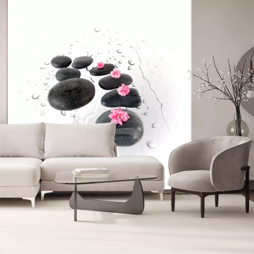 Sticker  Black spa stones and pink flowers on water drops