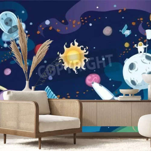 Papier peint  Scène spatiale avec un OVNI et des personnages de dessins animés