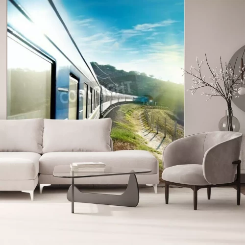 Papier peint  Train bleu avec un effet 3D