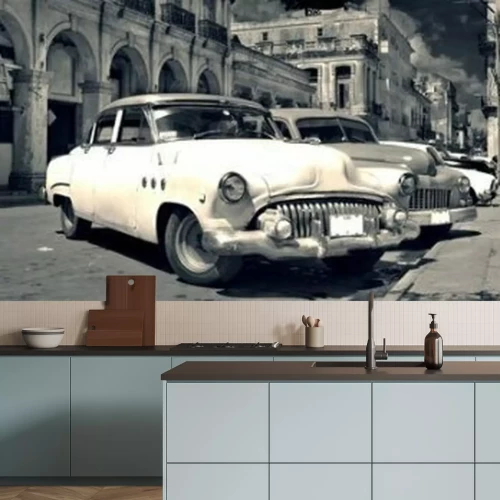Papier peint  Panoramic view of shabby old havana street with vintage classic american cars