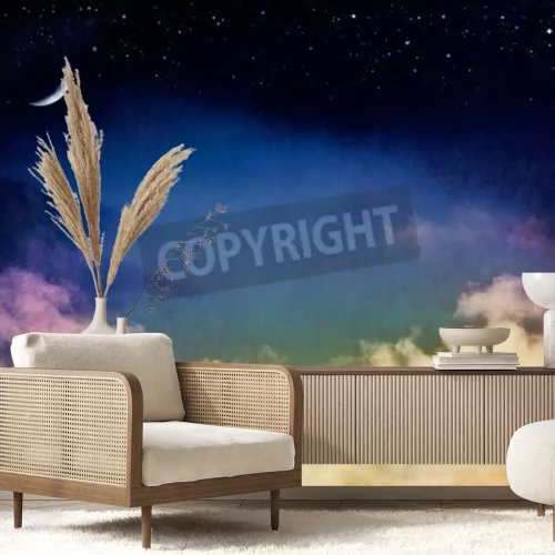 Papier peint  Motif coloré avec lune et étoiles