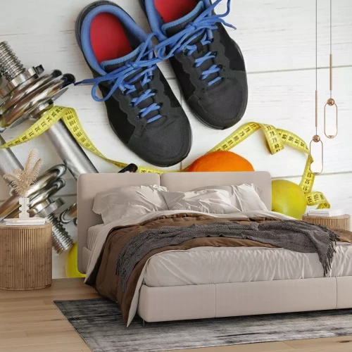 Papier peint  Appareils de fitness et fruits sur des tableaux blancs