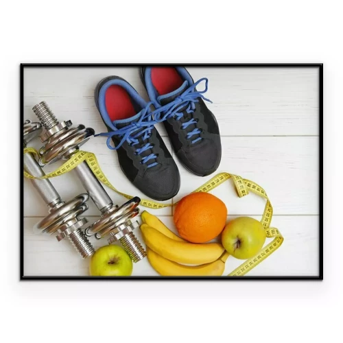 Poster  Appareils de fitness et fruits sur des tableaux blancs