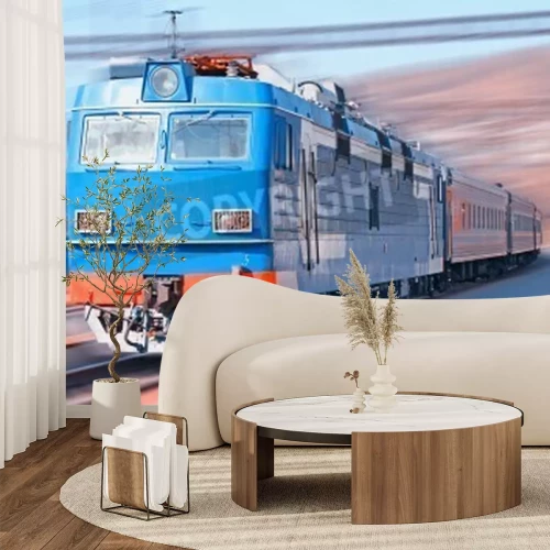 Papier peint  Train bleu roulant à toute vitesse